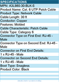 Belkin A3L980-30-BLK-S Cat. 6 UTP Patch Cable - RJ-45 Male - 30ft - Black
