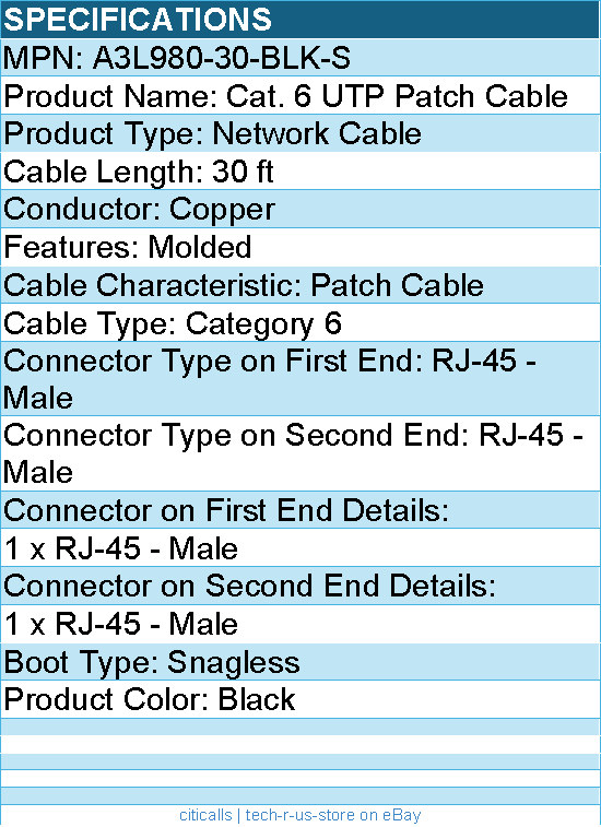 Belkin A3L980-30-BLK-S Cat. 6 UTP Patch Cable - RJ-45 Male - 30ft - Black
