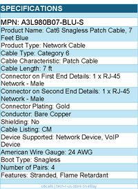 Belkin A3L980b07-BLU-S Cat.6 Snagless Patch Cable - RJ-45 - 7ft - Blue