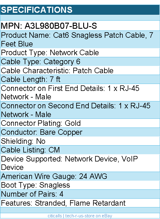 Belkin A3L980b07-BLU-S Cat.6 Snagless Patch Cable - RJ-45 - 7ft - Blue
