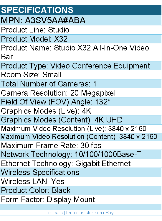 HP Poly A3SV5AA#ABA Studio X32 All-In-One Video Bar - No Power Supply