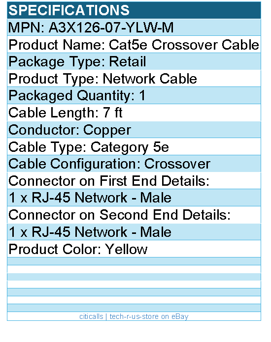 Belkin A3X126-07-YLW-M Cat5e Crossover Cable - RJ-45 Male Network - 7ft - Yellow