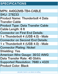 StarTech A40G2MB-TB4-CABLE 6ft (2m) Active Thunderbolt 4 Cable - Black