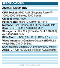 ASRock A520M-HDV AMD AM4 Micro ATX DDR4 PCIE HDMI DVID Dsub SATA Motherboard