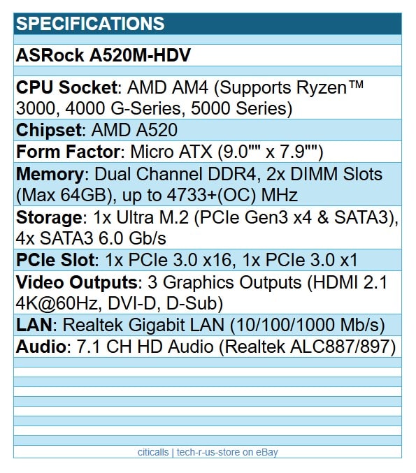 ASRock A520M-HDV AMD AM4 Micro ATX DDR4 PCIE HDMI DVID Dsub SATA Motherboard