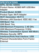 Netgear A6100-10000S AC600 IEEE 802.11ac Wi-Fi Adapter for Computer, Notebook