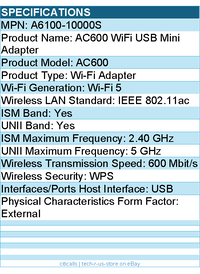 Netgear A6100-10000S AC600 IEEE 802.11ac Wi-Fi Adapter for Computer, Notebook