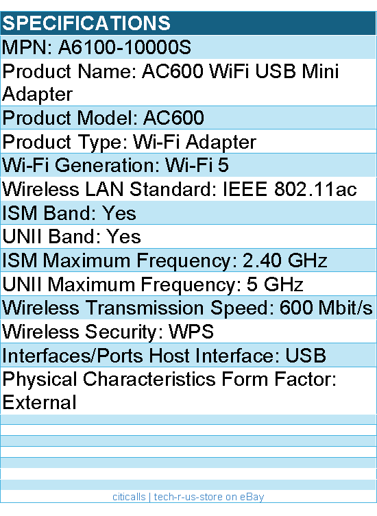 Netgear A6100-10000S AC600 IEEE 802.11ac Wi-Fi Adapter for Computer, Notebook