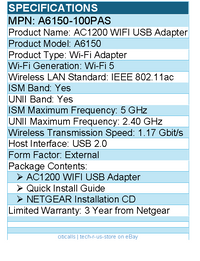 Netgear A6150-100PAS A6150 IEEE 802.11ac Wi-Fi Adapter for Wireless Router