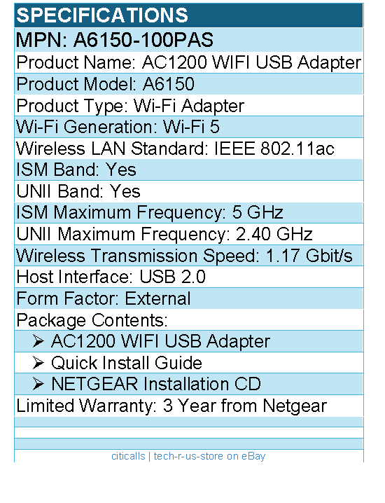 Netgear A6150-100PAS A6150 IEEE 802.11ac Wi-Fi Adapter for Wireless Router
