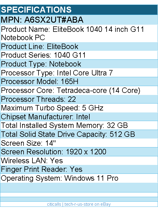 HP A6SX2UT#ABA EliteBook 1040 G11 14" Touchscreen Notebook - Intel Core Ultra 7