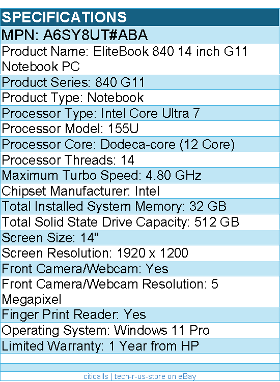HP A6SY8UT#ABA EliteBook 840 G11 14" Notebook - WUXGA - Intel Core Ultra 7