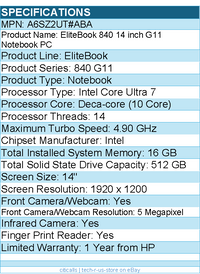 HP A6SZ2UT#ABA EliteBook 840 G11 14" Touchscreen Notebook - Intel Core Ultra 7