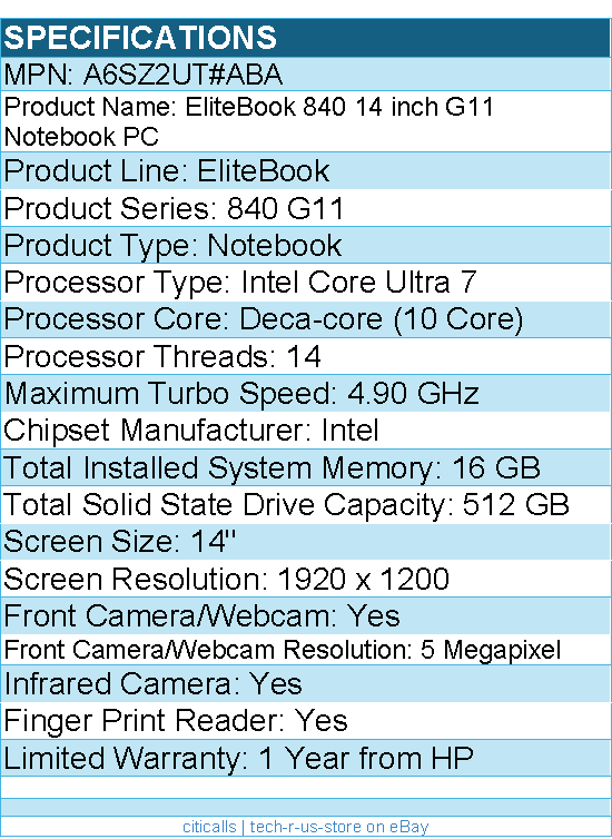 HP A6SZ2UT#ABA EliteBook 840 G11 14" Touchscreen Notebook - Intel Core Ultra 7