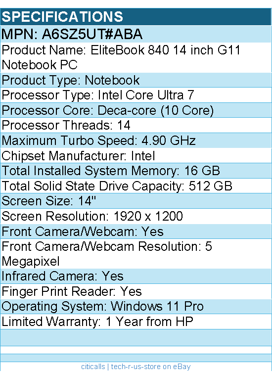 HP A6SZ5UT#ABA EliteBook 840 G11 14" Notebook - WUXGA - Intel Core Ultra 7