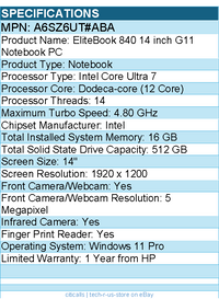 HP A6SZ6UT#ABA EliteBook 840 G11 14" Notebook - WUXGA - Intel Core Ultra 7 155U