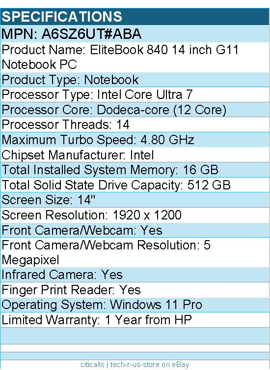 HP A6SZ6UT#ABA EliteBook 840 G11 14" Notebook - WUXGA - Intel Core Ultra 7 155U