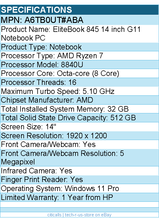 HP A6TB0UT#ABA EliteBook 845 G11 14" Notebook - WUXGA - AMD Ryzen 7 8840U