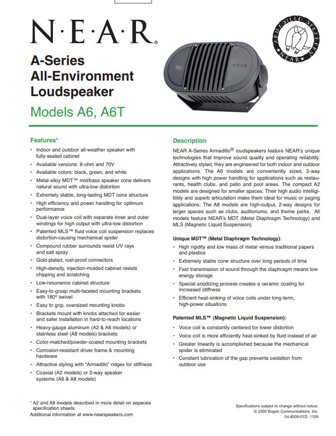 Bogen A6T A6TBLK All-Weather Loudspeaker Woofer Black 70V 32W Metal Allow MDT