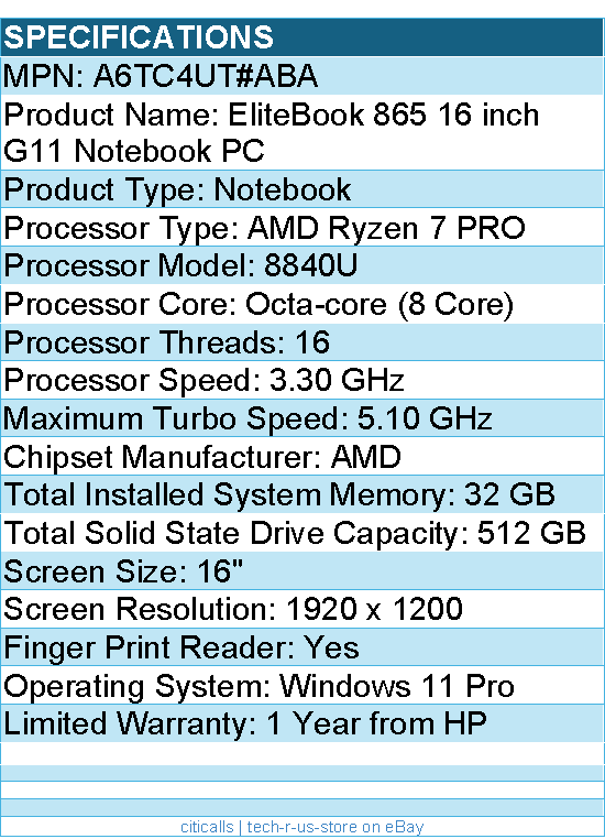 HP A6TC4UT#ABA EliteBook 865 G11 16" Notebook - WUXGA - AMD Ryzen 7 PRO 8840U