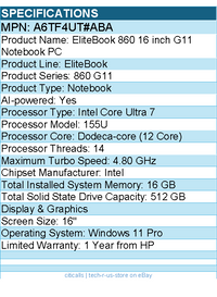 HP A6TF4UT#ABA EliteBook 860 G11 16" Notebook - Intel Core Ultra 7 155U