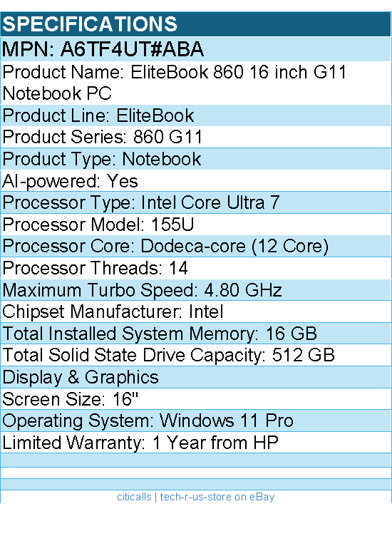 HP A6TF4UT#ABA EliteBook 860 G11 16" Notebook - Intel Core Ultra 7 155U