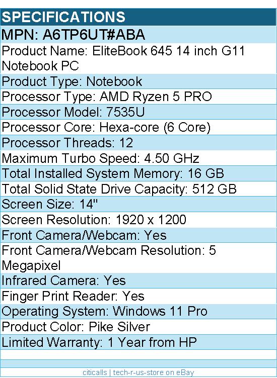 HP A6TP6UT#ABA EliteBook 645 G11 14" Notebook - WUXGA - AMD Ryzen 5 PRO 7535U