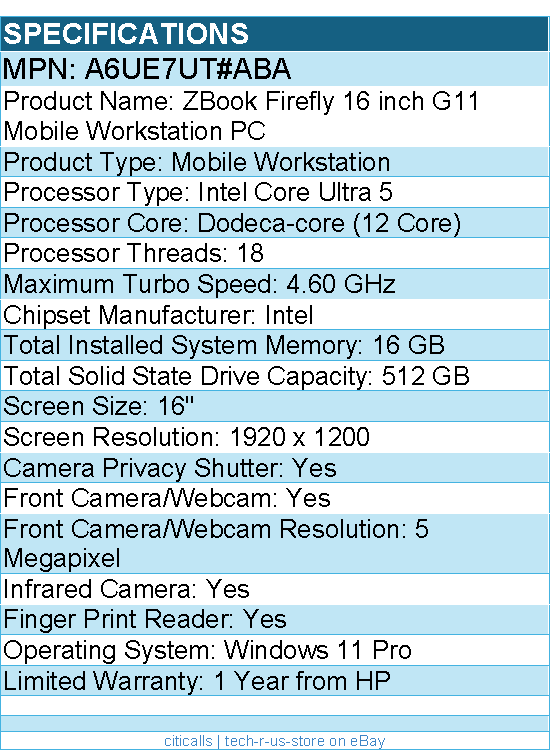 HP A6UE7UT#ABA ZBook Firefly G11 16" Mobile Workstation - Intel Core Ultra 5