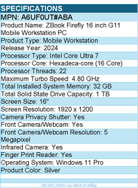 HP A6UF0UT#ABA ZBook Firefly G11 16" Mobile Workstation - Intel Core Ultra 7
