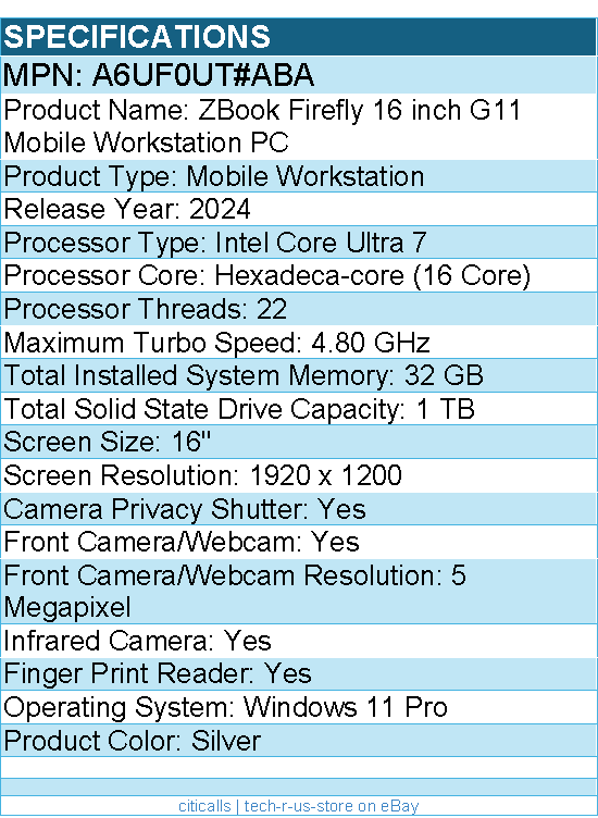 HP A6UF0UT#ABA ZBook Firefly G11 16" Mobile Workstation - Intel Core Ultra 7