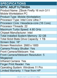 HP A6UF1UT#ABA ZBook Firefly G11 16" Mobile Workstation - Intel Core Ultra 7