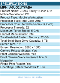 HP A6UG2UT#ABA ZBook Firefly G11 16" Mobile Workstation - Intel Core Ultra 7