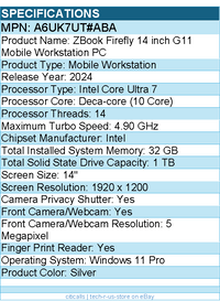 HP A6UK7UT#ABA ZBook Firefly G11 14" Mobile Workstation - Intel Core Ultra 7