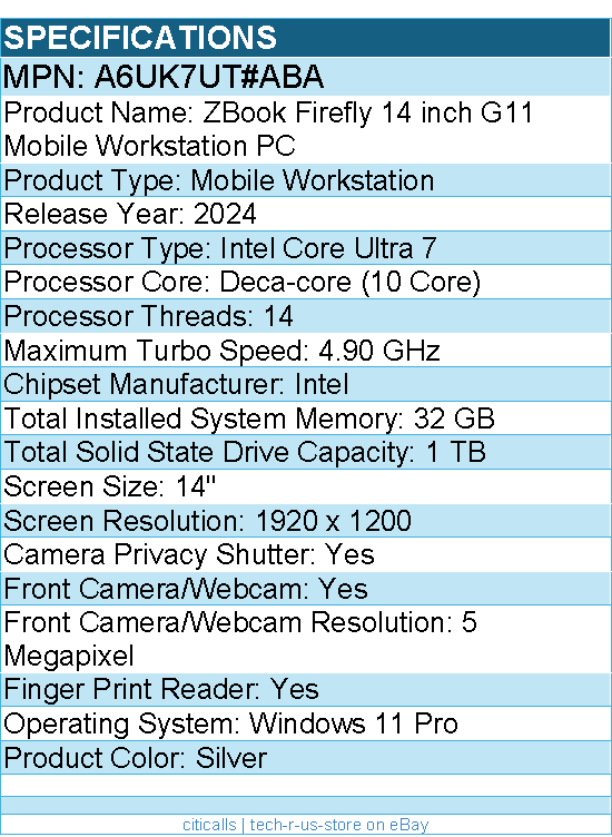 HP A6UK7UT#ABA ZBook Firefly G11 14" Mobile Workstation - Intel Core Ultra 7