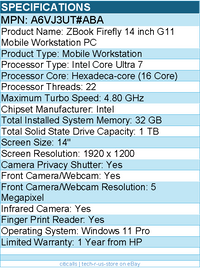 HP A6VJ3UT#ABA ZBook Firefly G11 14" Touchscreen Mobile Workstation