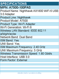 Netgear A7500-100PAS Nighthawk IEEE 802.11 a/b/g/n/ac/ax Dual Band Wi-Fi Adapter