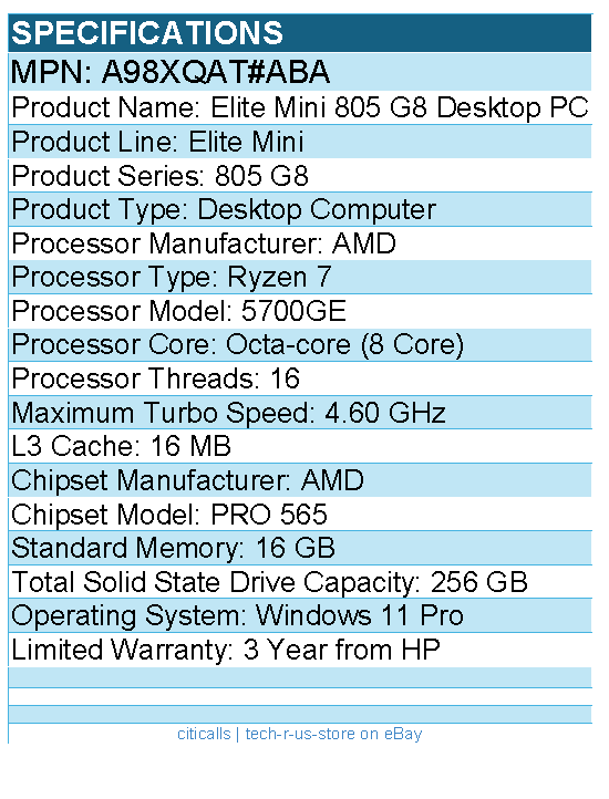 HP A98XQAT#ABA Elite Mini 805 G8 Desktop Computer - AMD Ryzen 7 5700GE - 16 GB