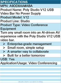 HP Poly A9DD8AA#ABA Studio V12 USB Video Bar No Power Supply
