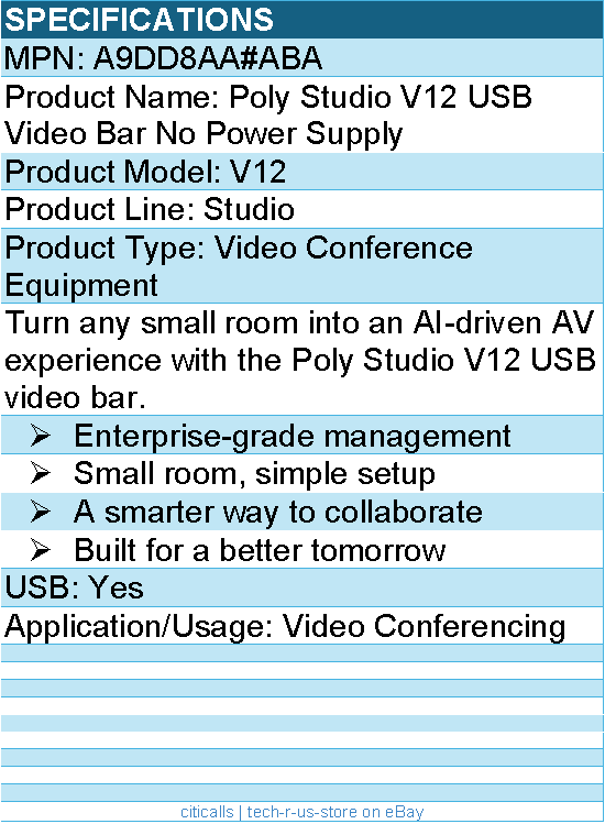 HP Poly A9DD8AA#ABA Studio V12 USB Video Bar No Power Supply