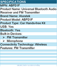Aluratek ABF01F Wireless Bluetooth Car Hands-free Kit - USB - FM Transmitter