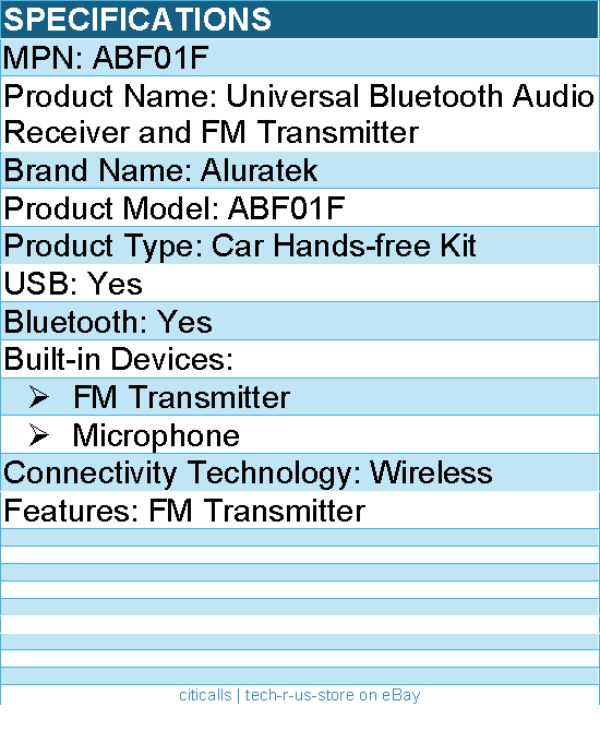 Aluratek ABF01F Wireless Bluetooth Car Hands-free Kit - USB - FM Transmitter