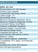 Cyber Acoustics AC-104 Headset - Mono - Mini-phone (3.5mm) - Wired