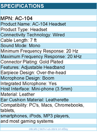 Cyber Acoustics AC-104 Headset - Mono - Mini-phone (3.5mm) - Wired