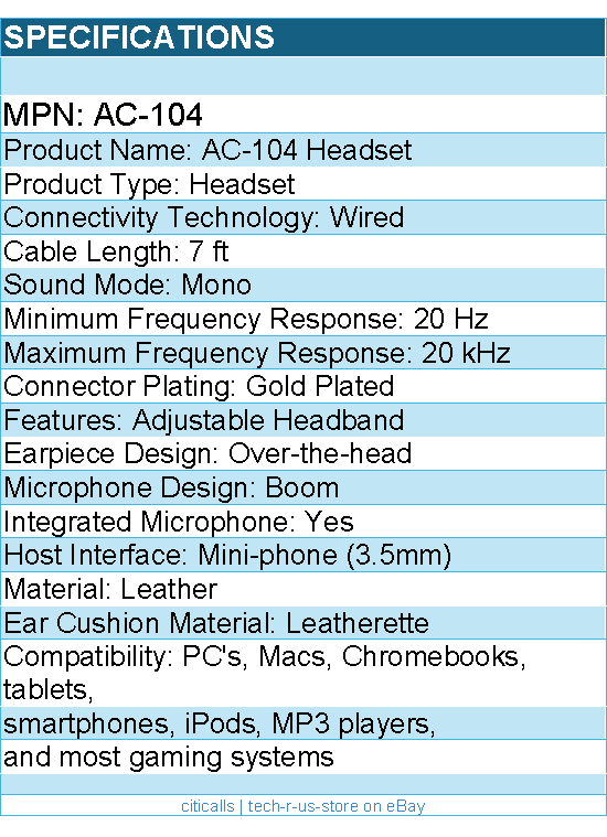 Cyber Acoustics AC-104 Headset - Mono - Mini-phone (3.5mm) - Wired