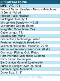 Cyber Acoustics AC-104 Headset - Mono - Mini-phone (3.5mm) - Wired - 7 ft