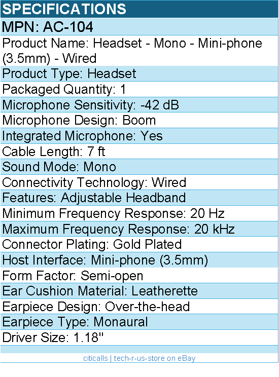 Cyber Acoustics AC-104 Headset - Mono - Mini-phone (3.5mm) - Wired - 7 ft