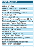 Cyber Acoustics AC-204 Headset - Stereo - Wired - 20 Hz to 20 kHz - 7 ft