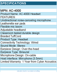 Cyber Acoustics AC-4000 Headset - Stereo - Mini-phone (3.5mm) - Over-the-head