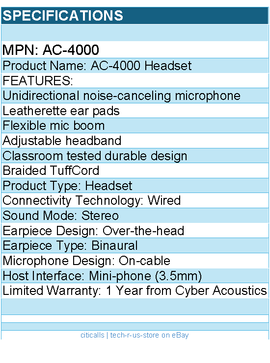 Cyber Acoustics AC-4000 Headset - Stereo - Mini-phone (3.5mm) - Over-the-head