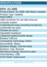 Cyber Acoustics AC-4006 USB Stereo Headset - Stereo - USB - Wired